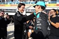Mercedes' Toto Wolff (L) and George Russell (R) after qualifying wrapped up at the 2024 F1 Grand Prix of Canada race weekend- Source: Getty